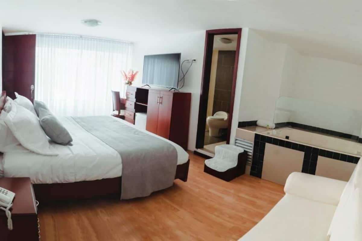 Ett hotellrum med en säng, ett skrivbord, en stol, en tv och ett badrum.
