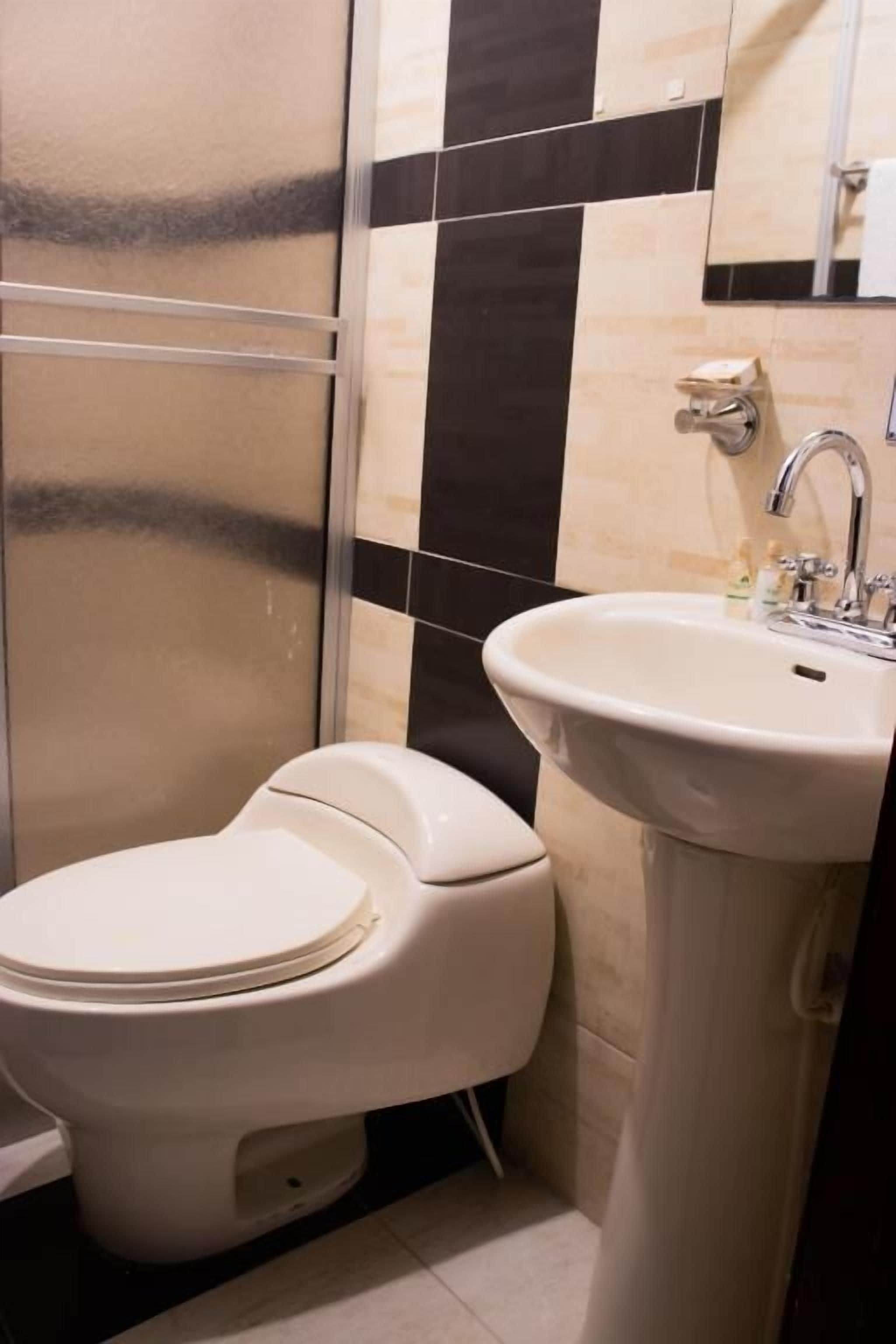 A bathroom with a toilet, sink, and a mirror.