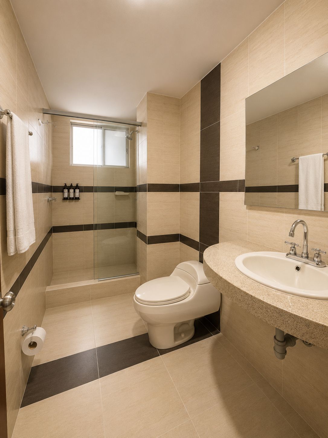Une salle de bain avec des toilettes, un lavabo et une douche.