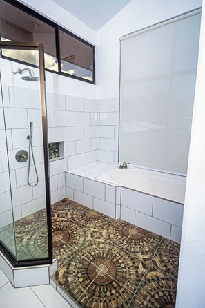 Hair dryer, towels, soap, shampoo