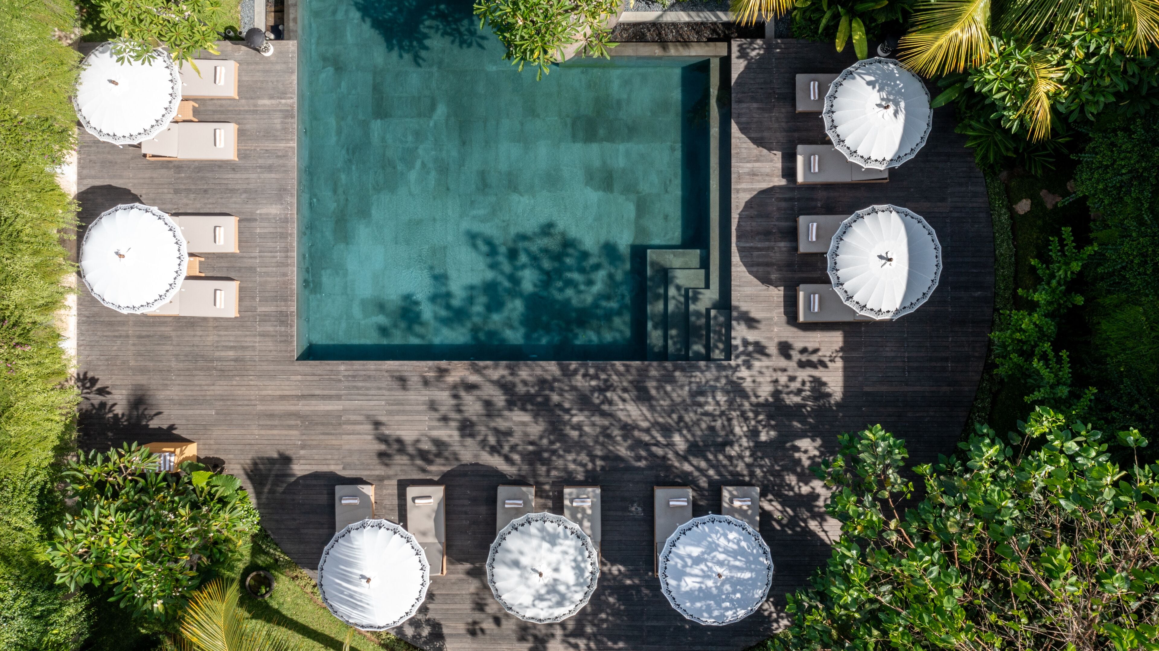 An aerial view of a rectangular swimming pool surrounded by lounge chairs and umbrellas, with a wooden deck and lush greenery.