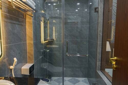 Shower, hydromassage showerhead, hair dryer, bathrobes