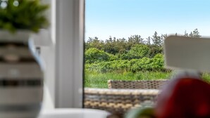 Uitzicht door een raam, met een rieten stoel en een vaas met een plant.
