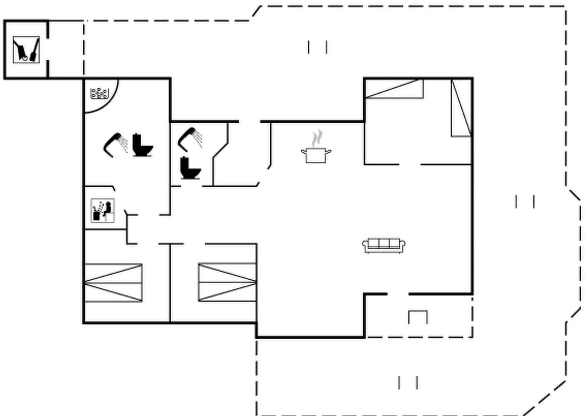 Plànol que mostra una cuina, zona de menjador i saló amb sofà.