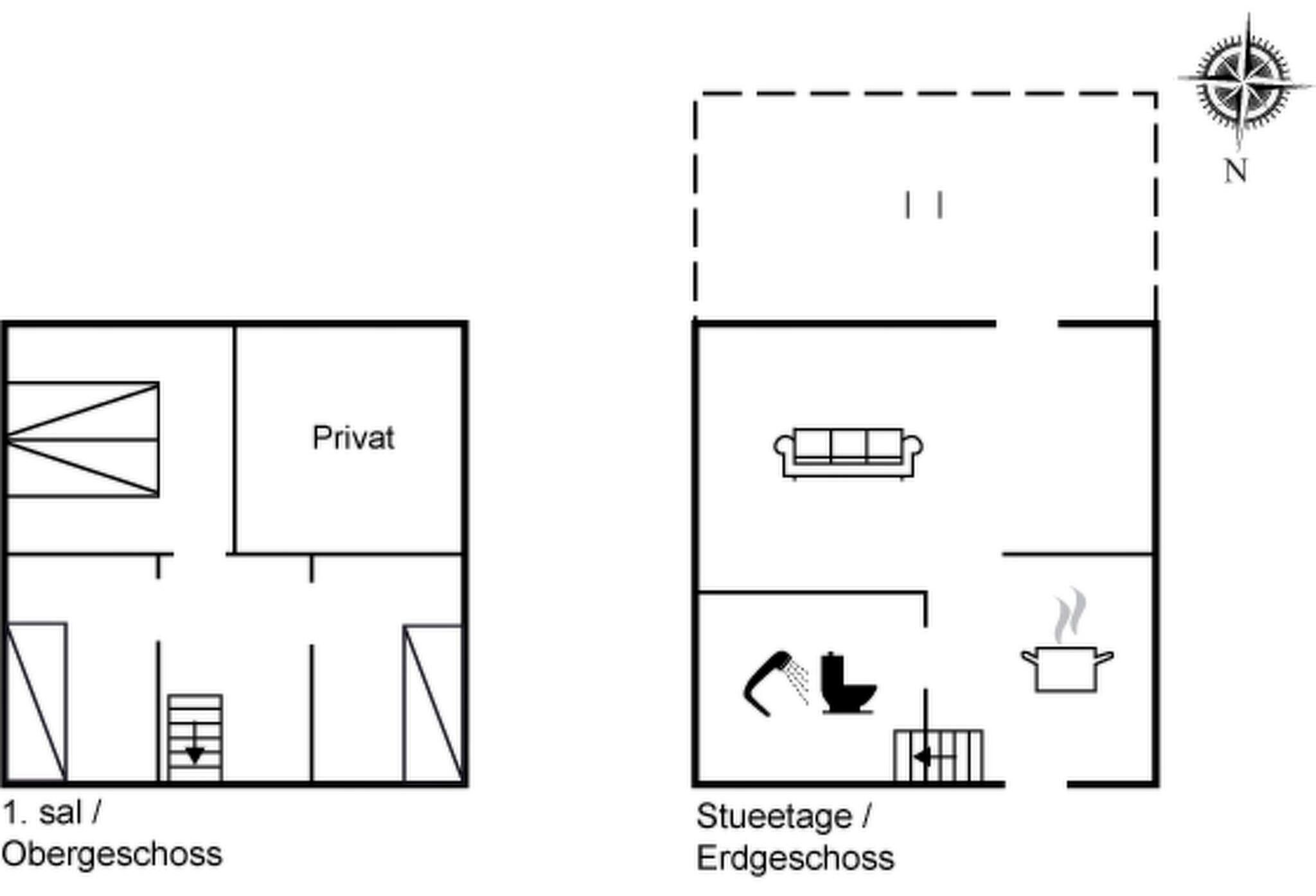 Un plan d’étage comprenant un espace privatif et un espace de vie avec un canapé, des toilettes et un jacuzzi.