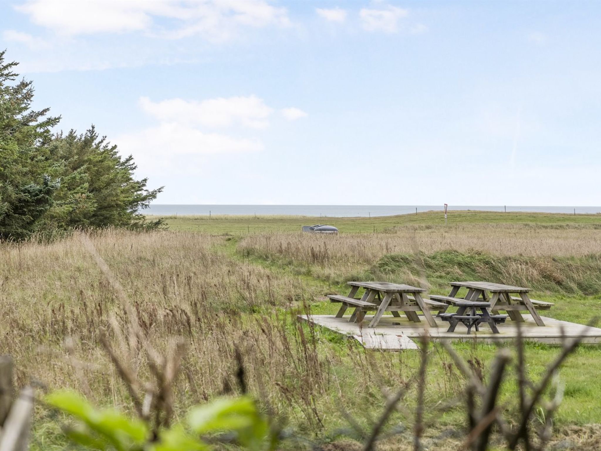 A picnic area with benches and a car in the background.
