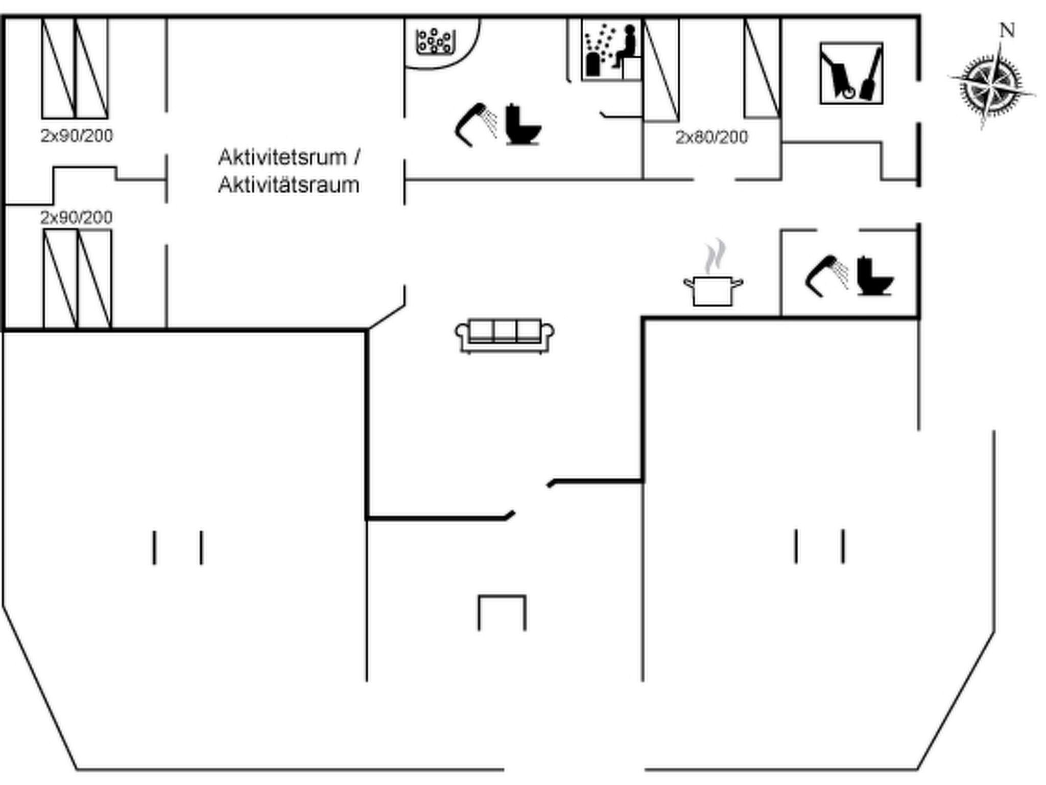 Ein Grundriss mit zwei Räumen, die als 'Aktivetsrum / Aktivitätsraum' und '2x80/200' (Maße) gekennzeichnet sind.