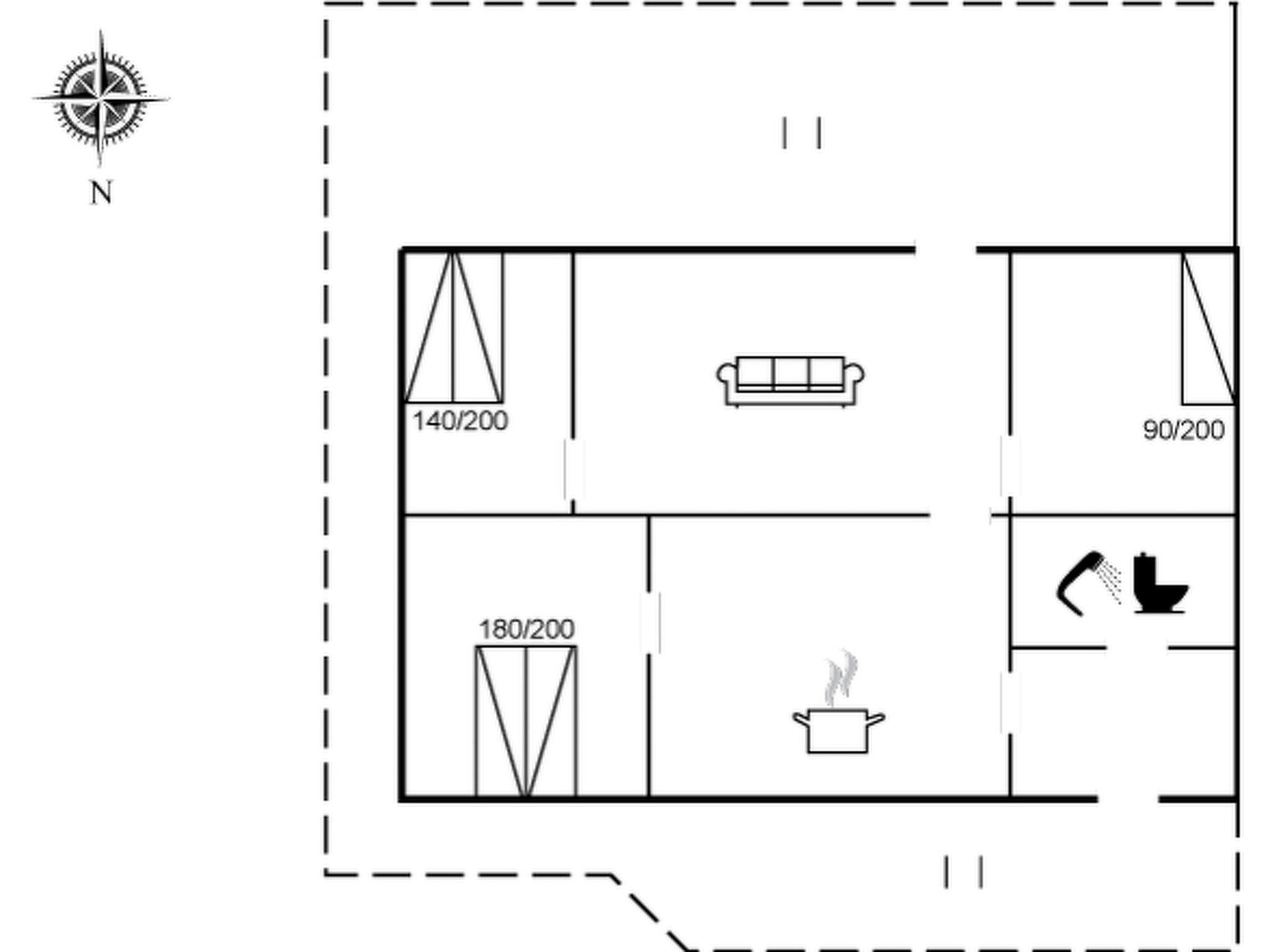 A floor plan with a living area, kitchen, and bathroom.
