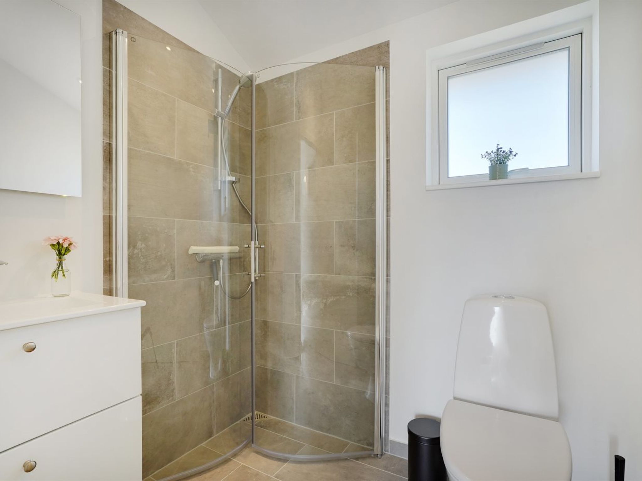 A modern bathroom with a glass shower enclosure, a white toilet, and a small window with a plant.