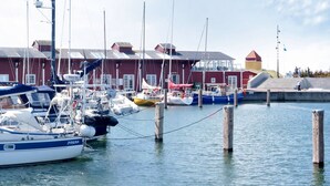 En lystbådehavn med flere både i havnen, træpæle og bygninger med røde og gule facader.