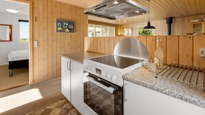 Eine moderne Küche mit Einbauherd, Backofen und Edelstahl-Dunstabzugshaube.