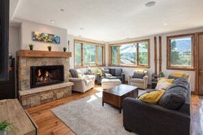 Älytelevisio, takka, DVD-soitin, kirjoja