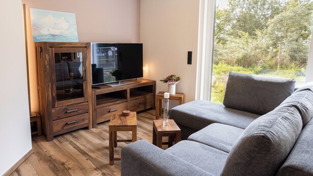Ein modernes Wohnzimmer mit Flachbildfernseher, Holzmöbeln und Blick ins Freie.