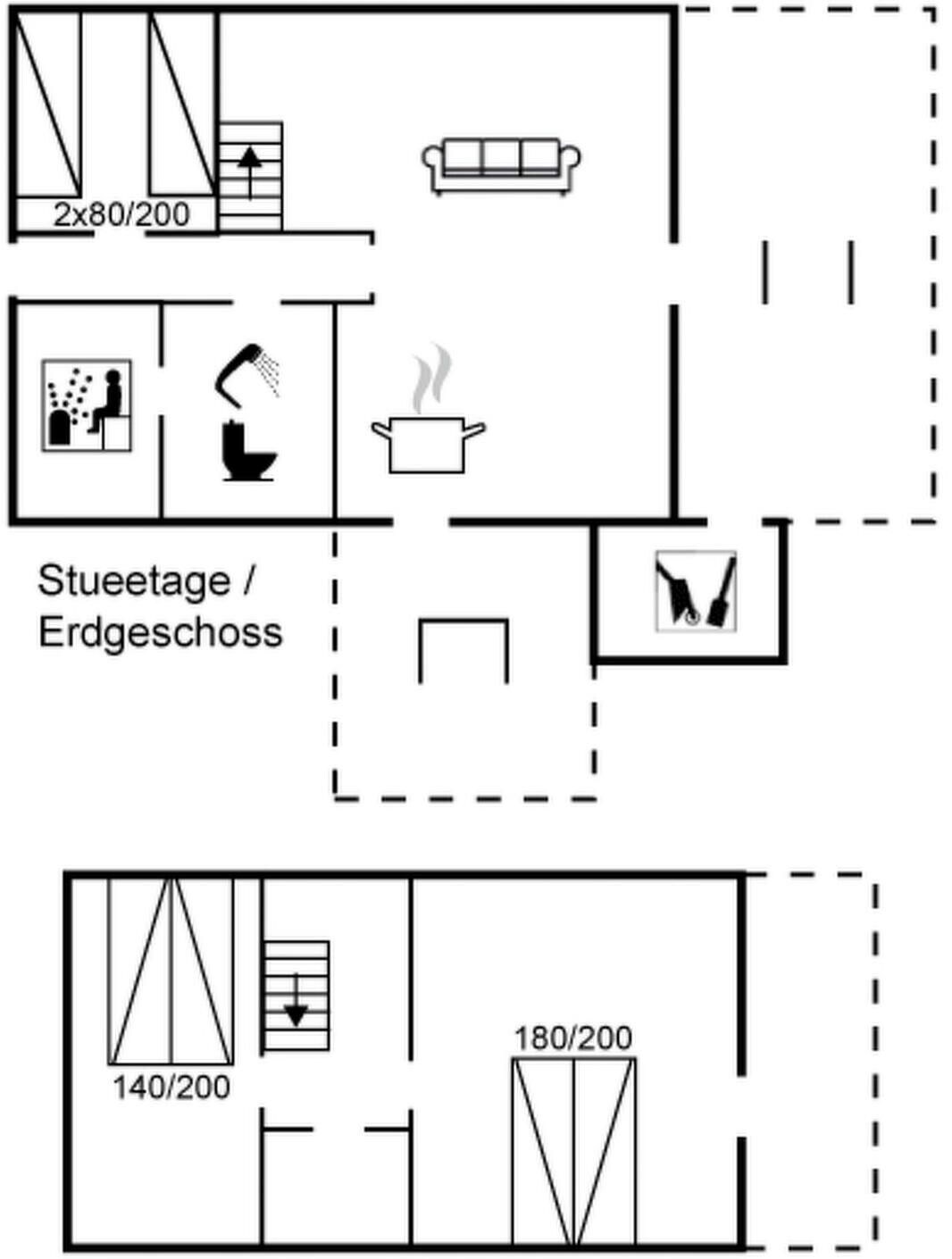 A floor plan with a kitchenette, a bathroom, and a dining area.
