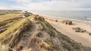Eine Küstenlandschaft mit Dünen, einem Strand und einer kleinen Siedlung mit Häusern und einem Windrad.