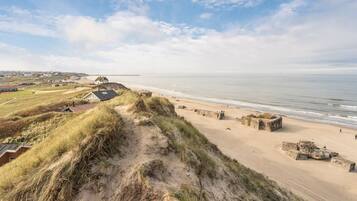 Et kystlandskab med klitter, strand og en lille bebyggelse med huse og en vindmølle.