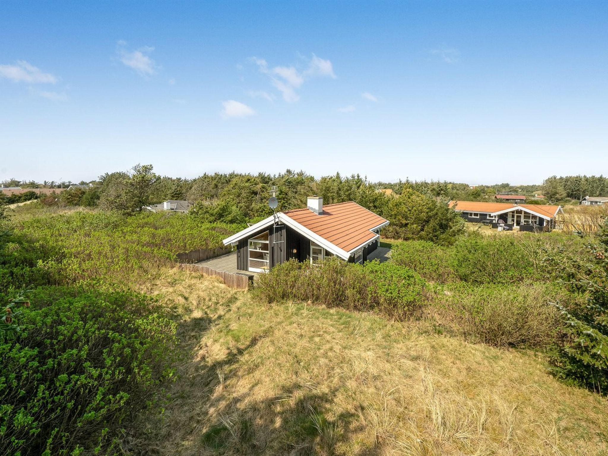 A modern house with a sloped roof, surrounded by dense vegetation and a clear sky.