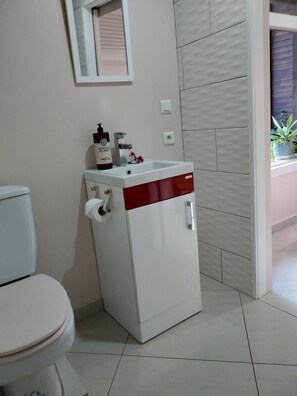 Hair dryer, towels, soap, shampoo