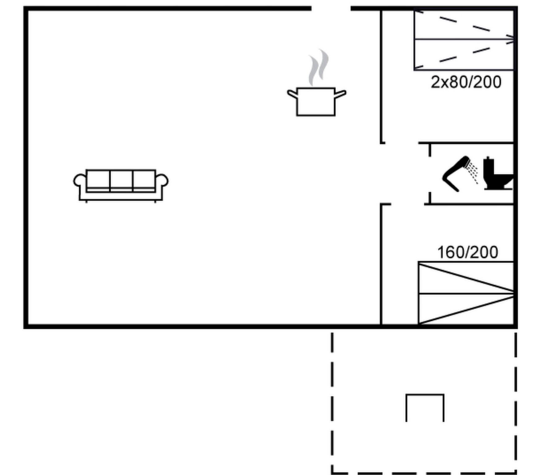 Un plan d’étage simple comprenant un espace de vie, une kitchenette et une salle de bain.