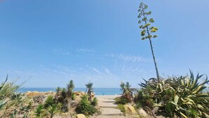 Ein Pfad, der zum Strand führt, mit blauem Himmel und Blick auf den Ozean.