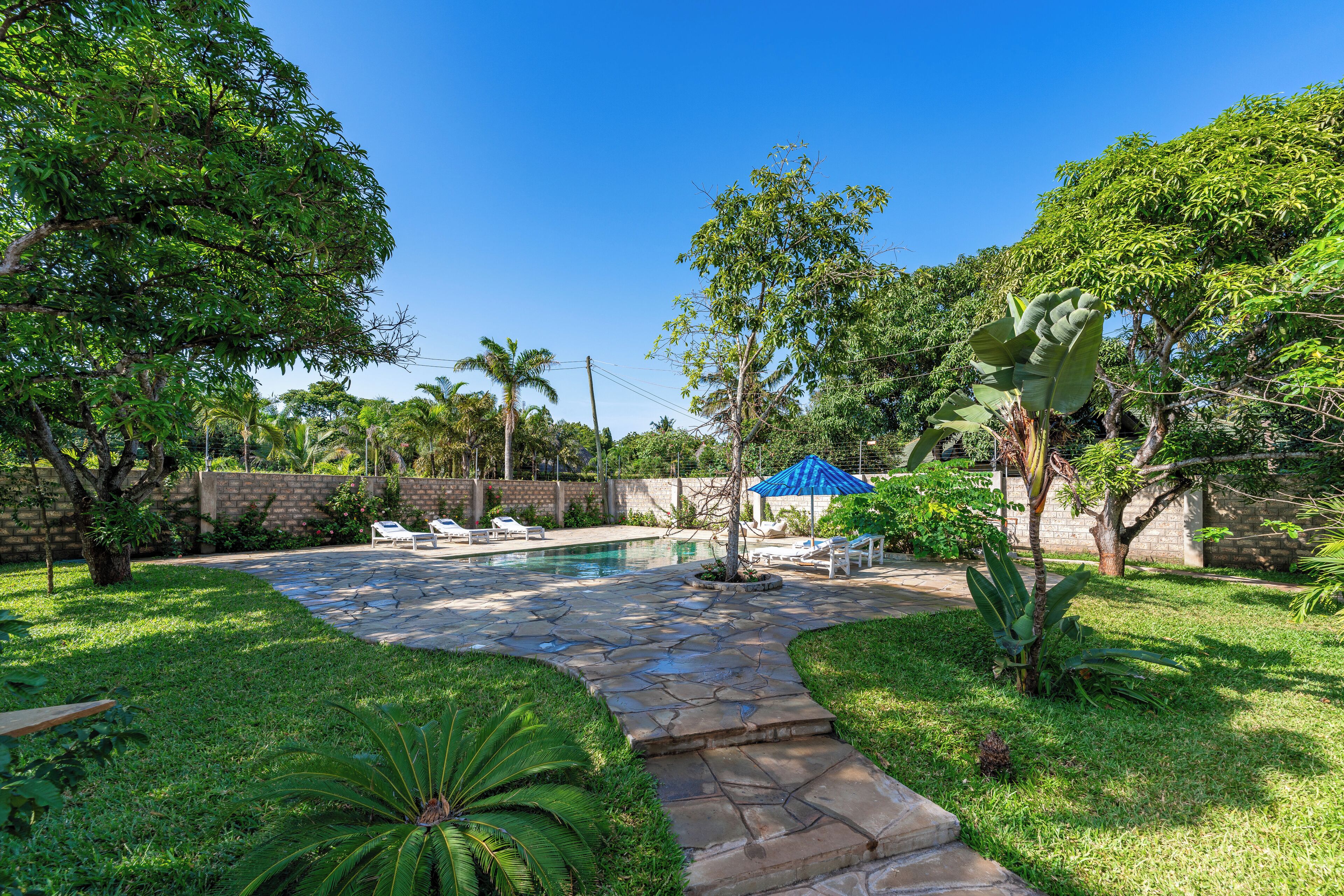 A backyard with a stone pathway, a swimming pool, and lounge chairs.