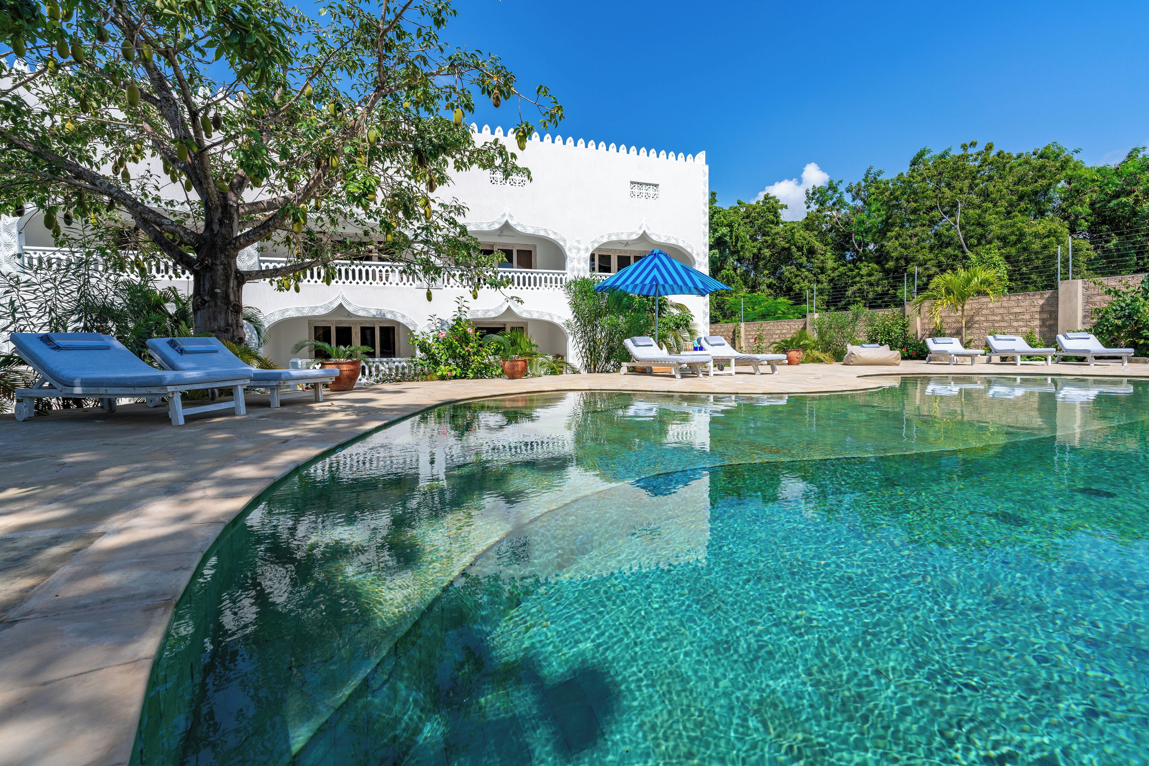 Outdoor pool, pool umbrellas, sun loungers