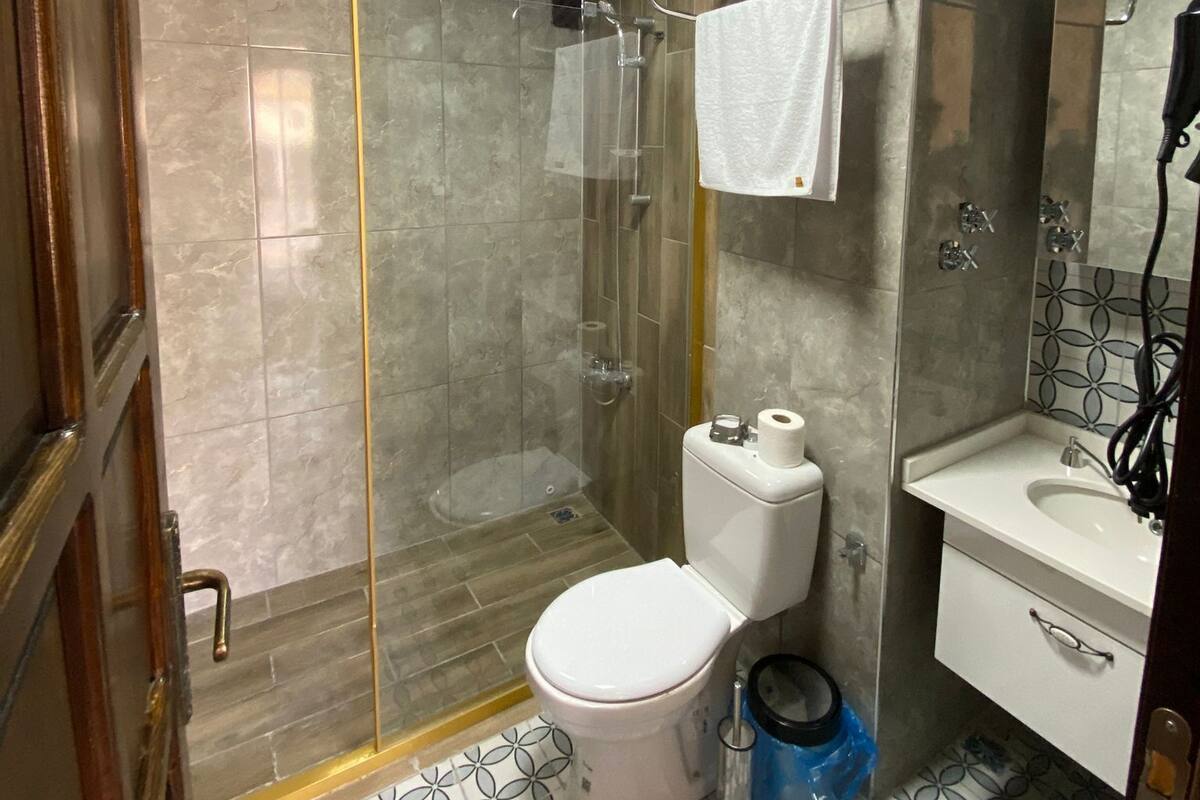 Een badkamer met een douche met glazen wand, toilet, wastafel en spiegel.