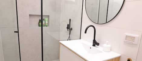 Shower, towels, soap, shampoo