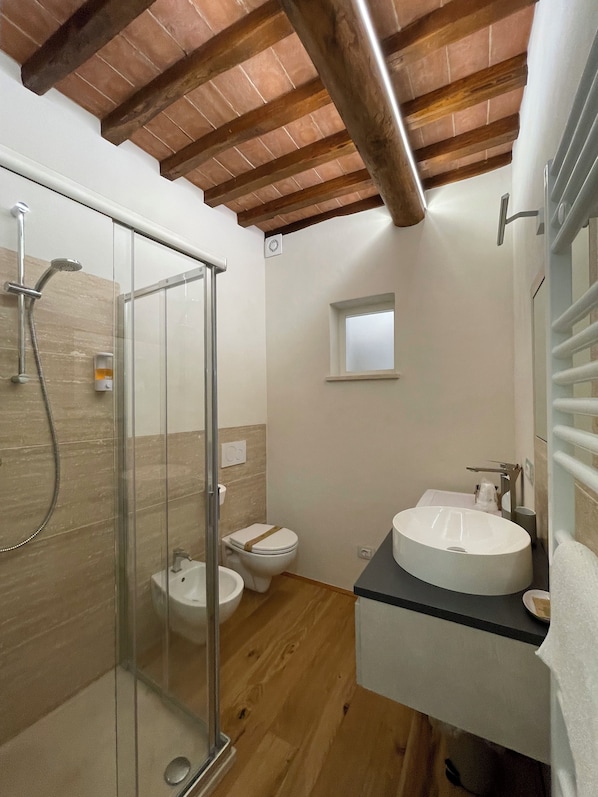 Une salle de bain moderne avec une douche à parois de verre, un lavabo blanc et des toilettes.