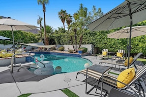 Outdoor pool, pool umbrellas, pool loungers