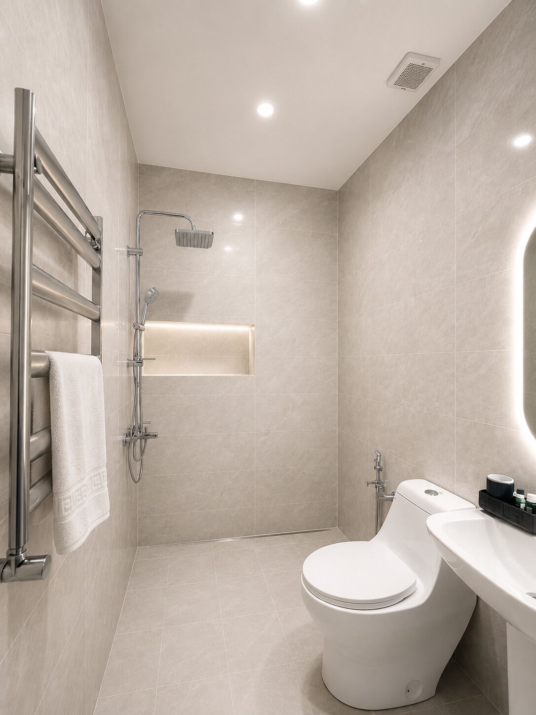 A modern bathroom with a toilet, a shower, and a towel rack.