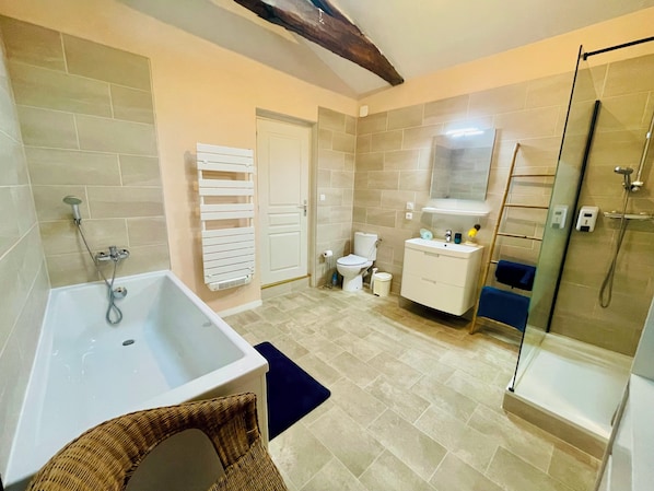 Eco-friendly toiletries, hair dryer, towels, soap