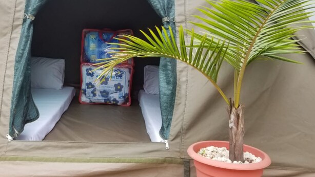 A tent with a sleeping area, a potted plant, and a blue and white patterned bag. - Maasai Hostel Tanzania (Arusha)