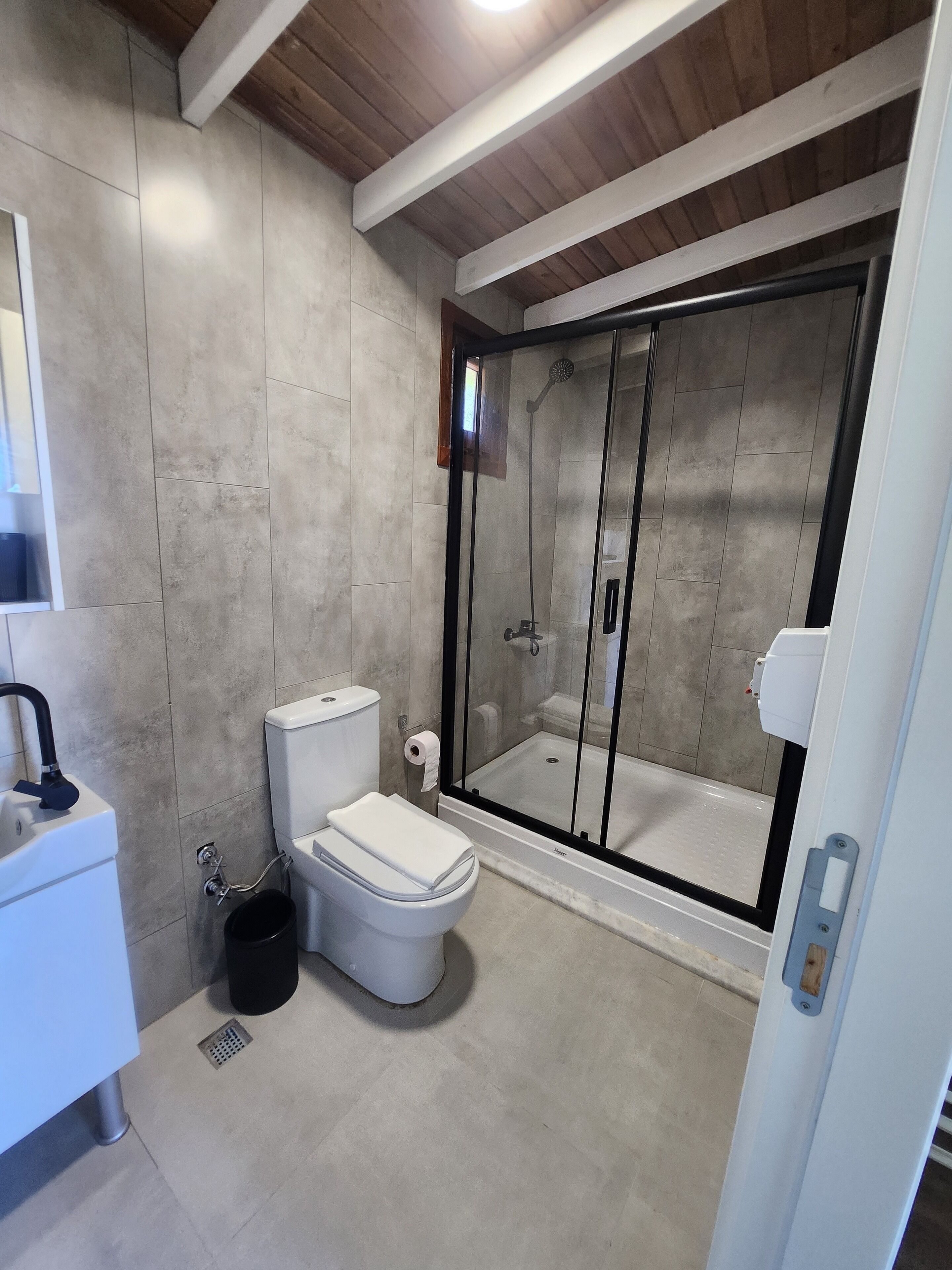 A modern bathroom with a toilet, bidet, and glass-enclosed shower.
