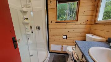 Shower, hair dryer, towels, toilet paper
