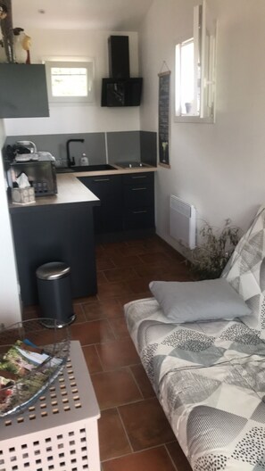 Cozy living space with a kitchenette, sofa, and table.