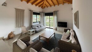 A spacious living room with a high wooden ceiling, large windows, a flat-screen TV, and comfortable seating.
