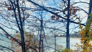 A wooden staircase leading to a deck with a view of a body of water and trees. - Hemlock Hideout - 3 Mins from DT Lex, Great Beach! (Lexington Township)
