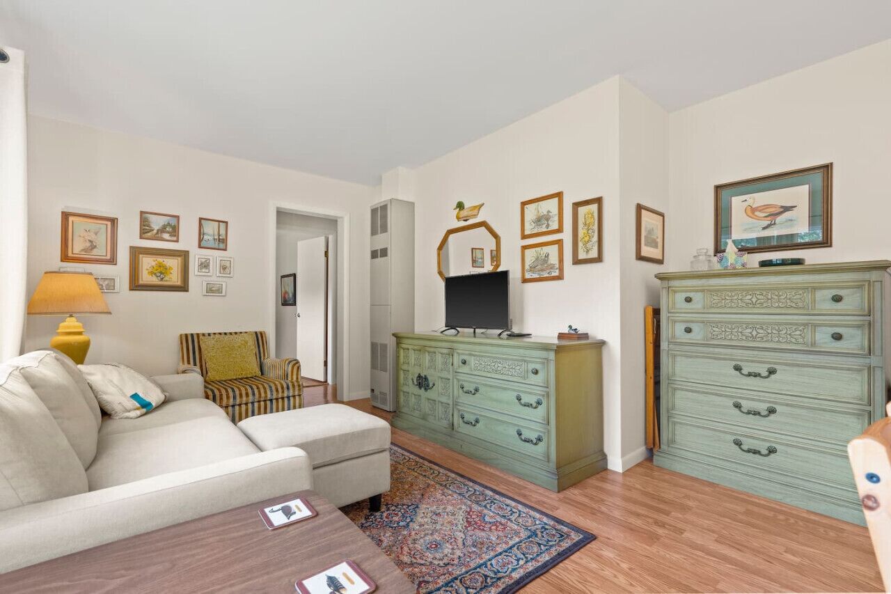 Een woonkamer met een bank, een salontafel, een televisie en een groene dressoir.
