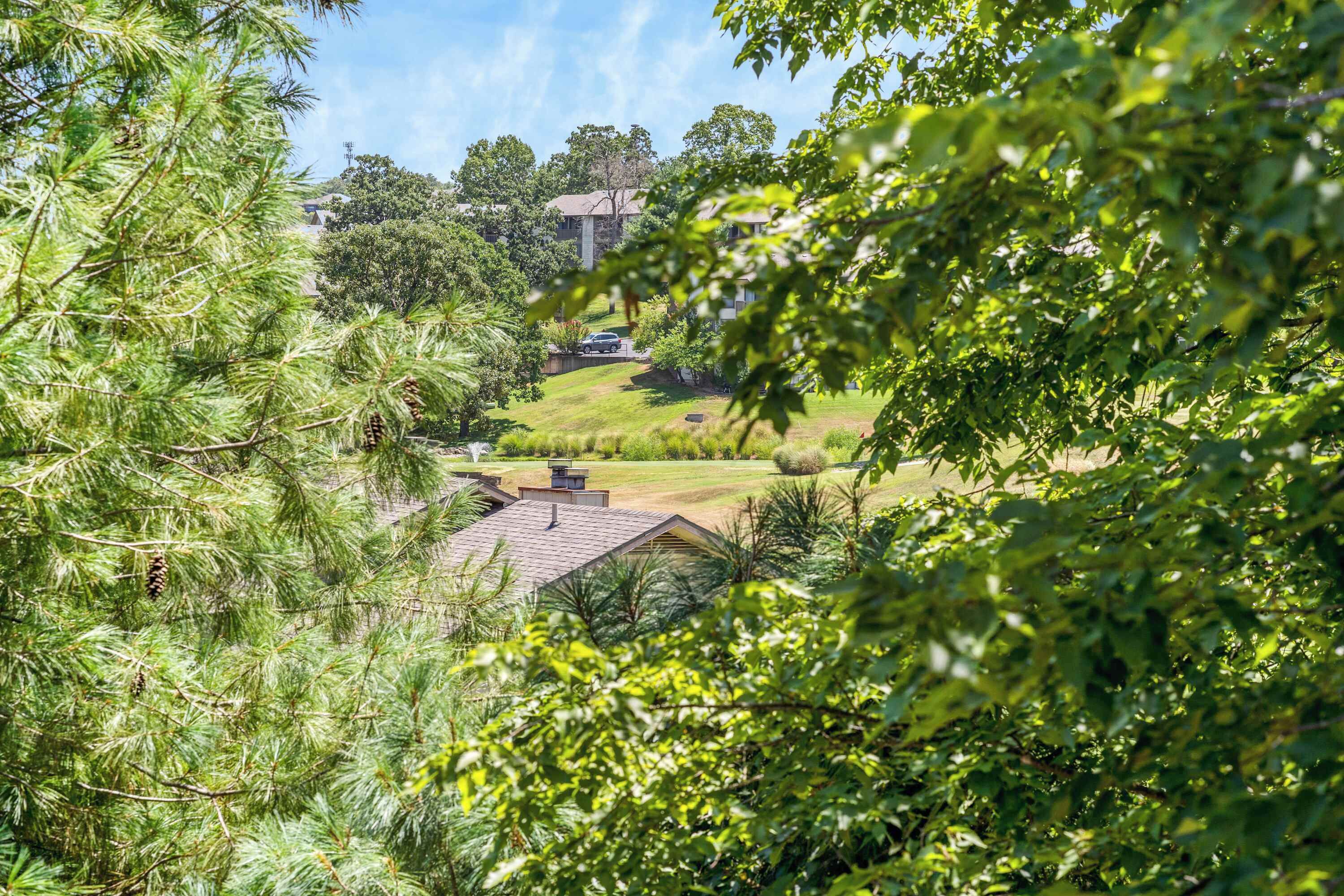 A residential area with a house, a lawn, and surrounding trees.