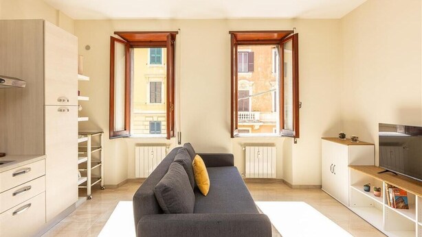 Ein kompakter Wohnbereich mit einer Couch, einem Fernseher, einer Küchenzeile und Blick durch zwei Fenster.