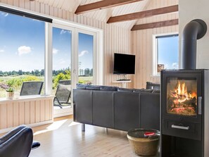 Een televisie, een open haard en een dvd-speler