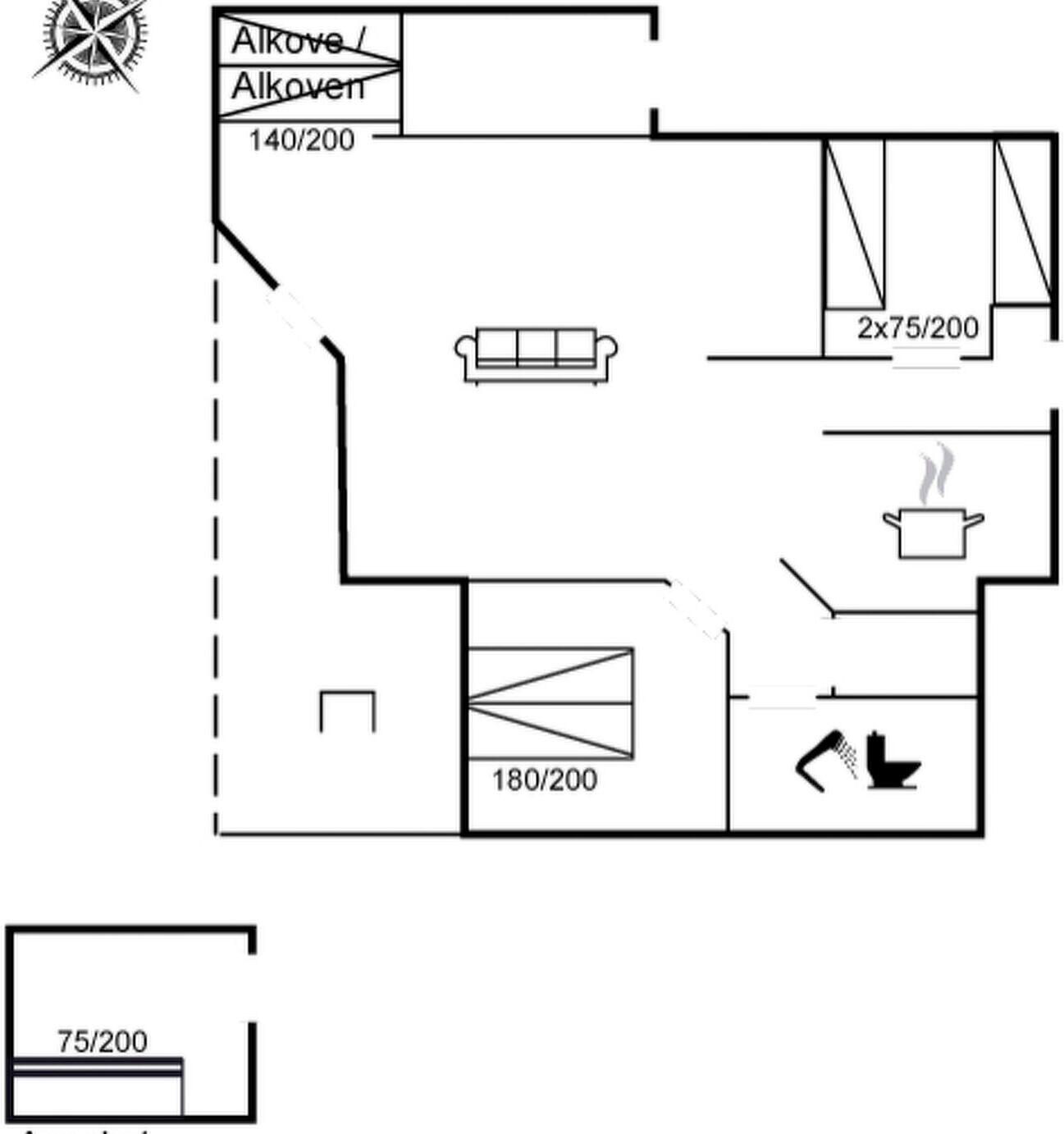 Planta baixa com cozinha compacta, banheiro e sala de estar.