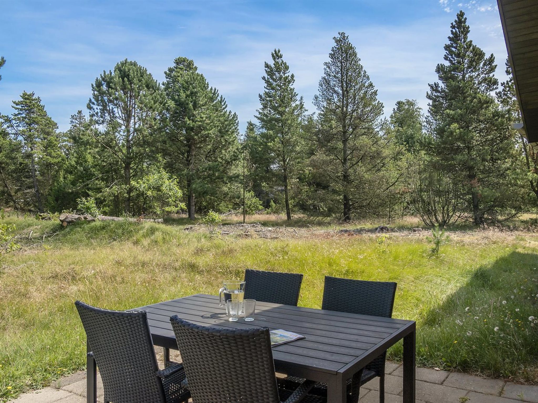 An outdoor patio with a table and chairs, surrounded by a grassy area and tall trees.