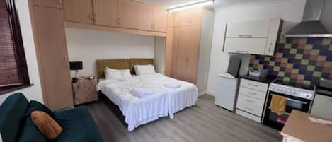A compact room with a bed, a sofa, a kitchenette, and a small dining area.