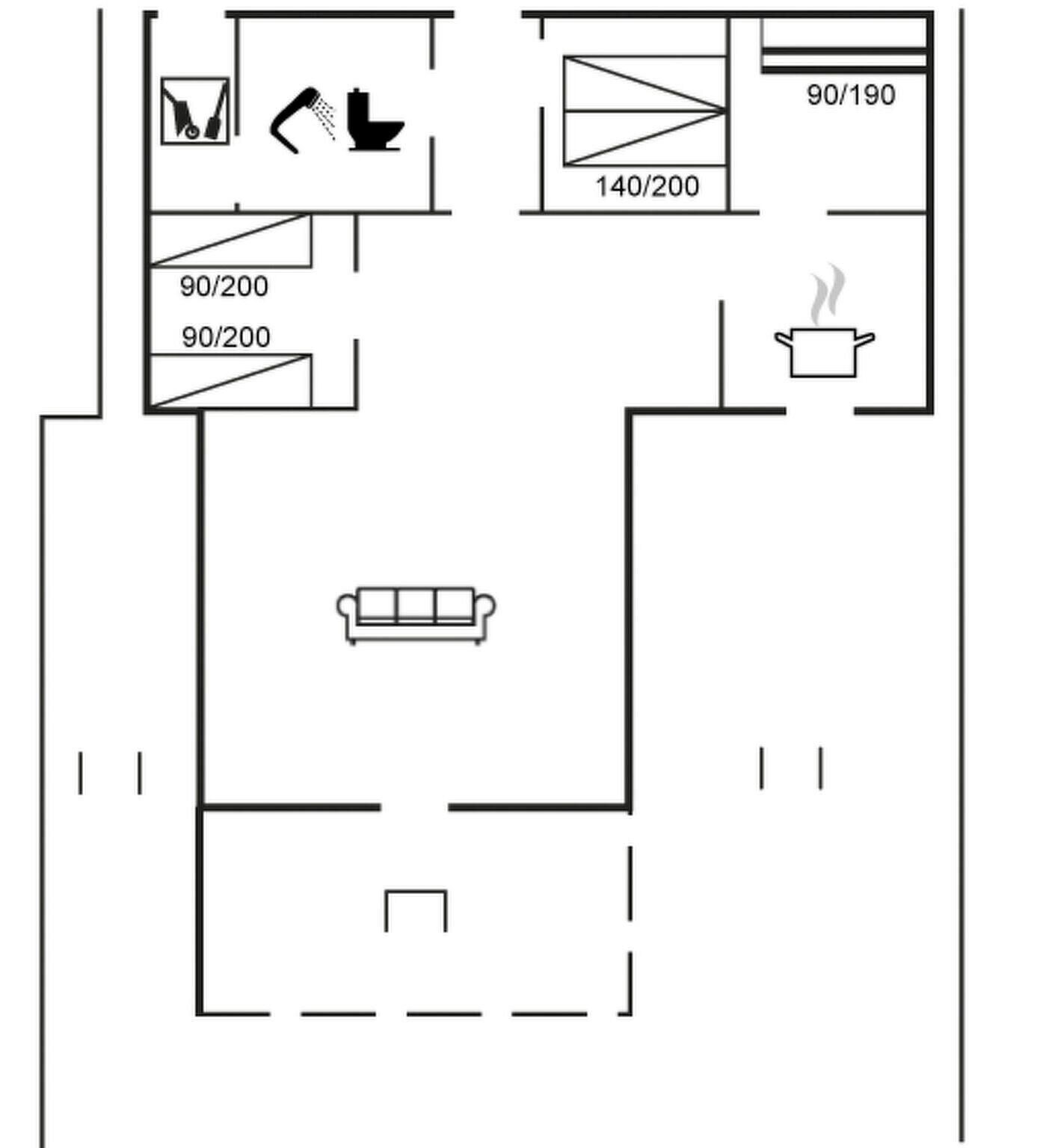 A floor plan with a living room, kitchen, and bathroom.