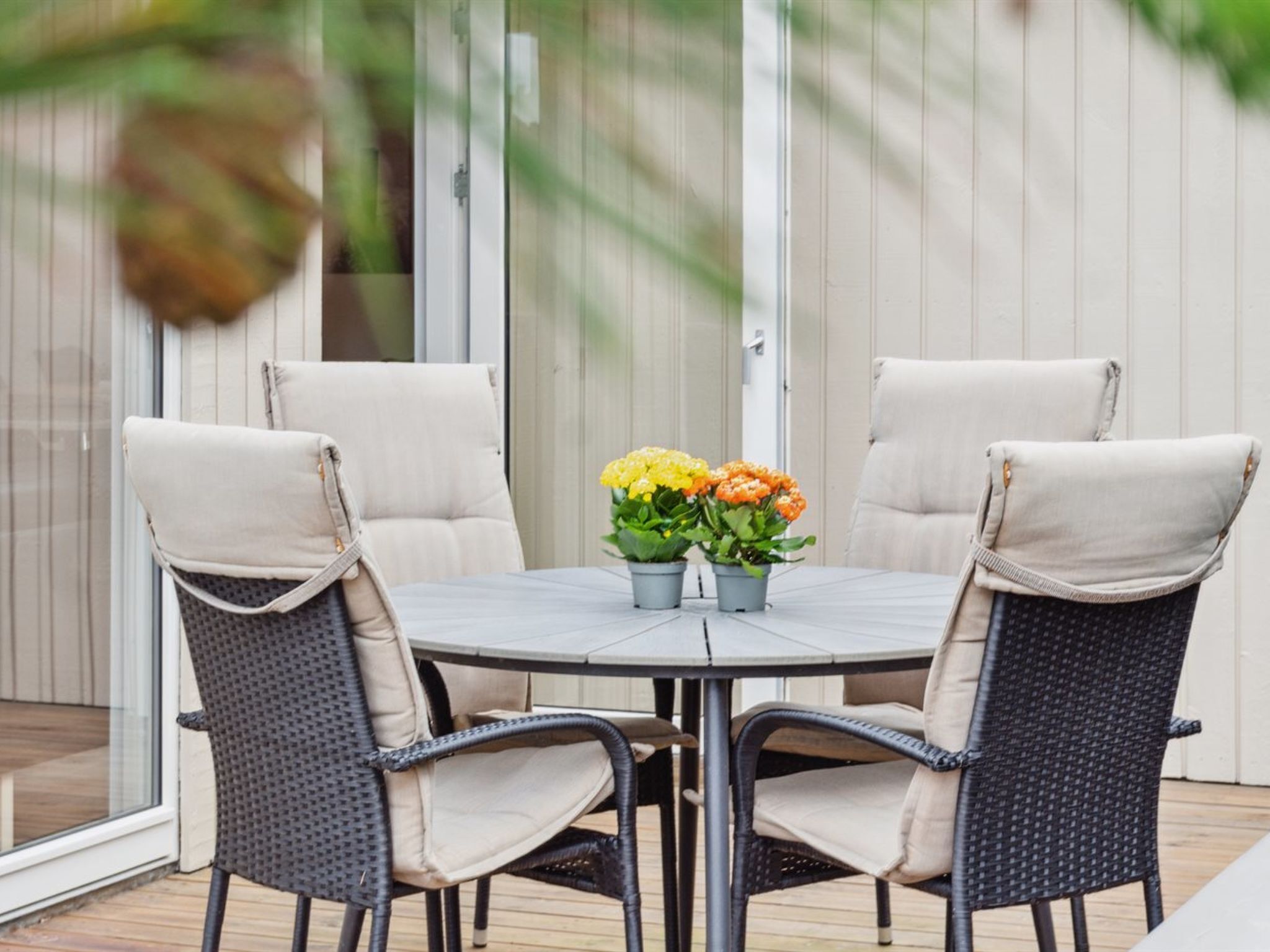 A round table with four chairs, each with a cushion and a woven backrest. There are two potted plants with yellow and orange flowers on the table.