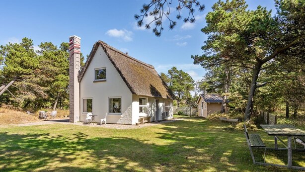 Een wit huis met rieten dak, schoorsteen en een klein bijgebouw.