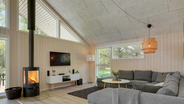 A modern living room with a large fireplace, a flat-screen TV, and a grey sofa. - "Delan" - 1.3km from the sea by Interhome (Vejers Strand)