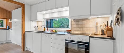 Fridge, oven, dishwasher, cookware/dishes/utensils